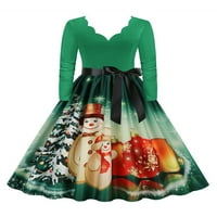 Ženske božićne midi haljine s printom snjegovića, božićna haljina s izrezom u obliku slova a, široka, dugih rukava, zelena, 2 inča