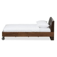 Rustikalni industrijski krevet na platformi veličine orahovog drveta, istrošena koža u boji faa, tamna bronca, metal