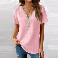 Ženske majice, Ženska bluza s kratkim rukavima, Ležerne jednobojne ljetne košulje s izrezom u obliku slova u, ružičaste 5 inča