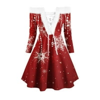Ležerna haljina za žene, božićne ljetne haljine s krznenim ovratnikom s printom, haljine s dugim rukavima Na vezanje s ramena