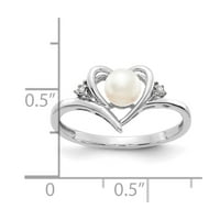 Pravi prsten od bijelog zlata od 14 karata s kultiviranim biserima i dijamantima u obliku srca veličina: 7; za odrasle i tinejdžere;