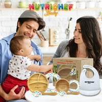 Set posuđa za bebe-drvena ploča za odvajanje za malu djecu, zdjela, silikonska naramenica i žlica s usisnom čašom za hranjenje na