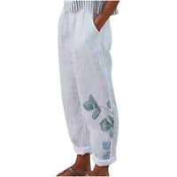 Ženske duge hlače ženske ljetne Ležerne široke hlače od pamuka i lana s džepnim printom bijele hlače s džepom