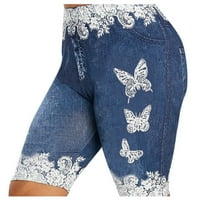 Ženske bermudske kratke hlače velike veličine s printom leptira od čipke, kratke hlače visokog struka, rastezljive traper hlačice