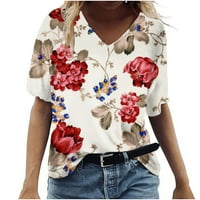 Ženske široke udobne majice s printom, majice kratkih rukava U obliku slova U, majice s cvjetnim printom, modna elegantna majica