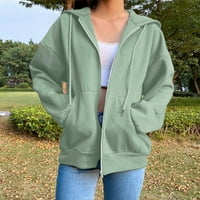Ženska osnovna jakna s kapuljačom s patentnim zatvaračem, lagana majica s džepovima i vezicama, Zelena;