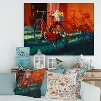 Crveni vintage bicikl s cvjetovima kantice slikanje platna umjetnički tisak