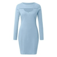 Jesensko-zimske pripijene haljine s okruglim vratom s dugim rukavima za žene jednobojna pletena haljina plava, e-mail