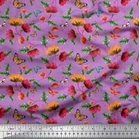 Ljubičasta Poliesterska krep tkanina u širini dvorišta s umjetničkim tiskom lišća, insekata i cvijeća