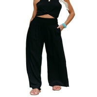 Ženske pamučne lanene hlače s elastičnom elastikom u struku, široke široke hlače u donjem rublju, sportske joga hlače s džepovima