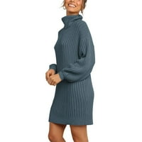Ženske pletene džemperske haljine dolčevita pulover s rukavima s lampionima modni casual jednobojni pleteni pulover od niti pulover