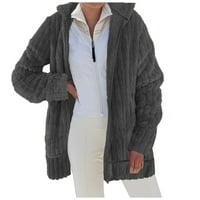 Ženska moda jesen-zima ležerni topli plišani jednobojni široki kaput s džepom i kapuljačom, plus size ženski topovi, siva 1 inča