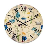 DesignArt 'plavi divlji cvjetovi s lišćem I' tradicionalni drveni zidni sat