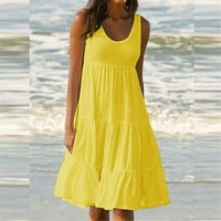 Ležerne haljine za žene, Ženska ljetna haljina bez rukava s okruglim vratom, jednobojna haljina za plažu s velikim ljuljačkama, žuta