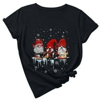 Božićni Ženski topovi u donjem rublju, Ležerne široke ženske majice s okruglim vratom s printom patuljastih pahuljica, kratki rukav