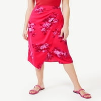 Ženska midi suknja s omotom od satena s okruglim dekolteom