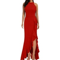 Ženska Midi haljina bez rukava s volanima, naborana suptilna večernja vjenčanica za goste, ženska ležerna haljina u crvenoj boji