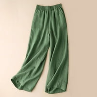 A. M. / ženske jednobojne hlače od pamuka i lana s draperijama, casual modne prevelike hlače, Plus size hlače, zelene A. M.