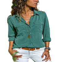 Ženske košulje na kopčanje sprijeda za ležerne uredske poslove, jednobojni vrhovi Plus veličine, bluza s dugim rukavima i džepovima
