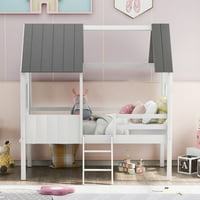 Kućni krevet za djecu, dvostruka veličina drveta s niskim potkrovljem kućnim krevetom s dva bočna prozora, normalno siva+normalna