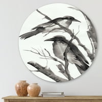 Dizajnerska umjetnost vintage crno-bijele spavajuće vrane Tradicionalni kružni metalni zidni umjetnički disk od 11