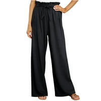 Ženske casual obične pamučne lanene hlače s elastičnim pojasom na vezicama duge široke hlače ženske ravne hlače