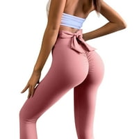 Ženske joga hlače visokog struka s mašnom vezanom straga, tajice za vježbanje s volanima za podizanje stražnjice, ružičaste rastezljive