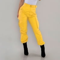 Ženske obične ljetne hlače, skraćene teretne hlače, široke hlače ravnih nogavica, rastezljive hlače visokog struka s džepovima, žute;