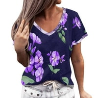 Ženske majice s cvjetnim izrezom u obliku slova u, Kratki rukav, Labav kroj, prevelika bluza u tamnoplavoj boji, u obliku slova U,