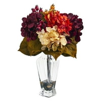 Gotovo prirodna crvena jesen Hydrangea Berry Umjetni cvjetni raspored u staklenoj vazi