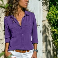 Plus-Size Ženska labava bluza s dugim rukavima s ovratnikom, majice, vrhovi ljubičaste boje 6