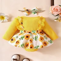 Odjeća za novorođenu djevojčicu, čipkasti kombinezon s okruglim vratom s cvjetnim printom i trakom za kosu, jesenska odjeća, od 0