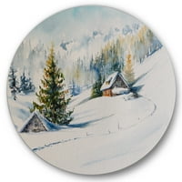 Dizajnerska umjetnost zimske planine s malom kućom Tradicionalni kružni metalni zidni umjetnički disk od 11