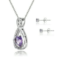 Sterling Silver Ametist & Diamond Accent Infinity Heart privjesak Ogrlica i naušnice nakita nakita