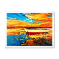 Dizajnerski crtež crveno-bijeli čamci na molu u jarkom zalasku sunca u morskom i obalnom okviru