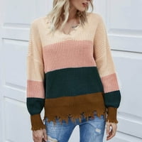 Donji dio/ ženski casual modni preveliki džemper s izrezom u obliku slova u, labav, kontrastne pruge, udoban džemper s dugim rukavima,