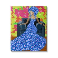 _ Žena u plavom retro s cvjetnim uzorkom botanička i Cvjetna galerija slikarstvo omotano platno tiskanje zidne umjetnosti