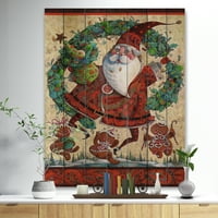 DesignArt 'Frolic Djed Mraz s medenjakom muškarcima i vijencem' Otisak na prirodnom borovom drvetu