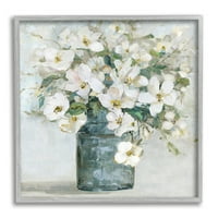 Stupell Industries White Geranium buket cvjetajući cvjetni aranžman Vaza Slikanje sive uokvirene umjetničke print zidne umjetnosti,
