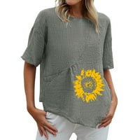 Pamučni laneni vrhovi za žene, ležerna majica s kratkim rukavima, ljetna široka cvjetna bluza s džepom