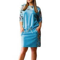 modni Plus Size Ženska haljina kratkih rukava s okruglim vratom ljetna haljina s cvjetnim uzorkom u struku plava