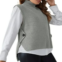 Ženski pleteni džemper Bez rukava na kopčanje, udoban modni džemper, pleteni pulover s visokim vratom s niskim rubom, sivi džemper