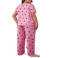 Ružičasti ležerni pidžama kompleti s okruglim vratom s printom srca, pidžama kompleti kratkih rukava Plus veličine