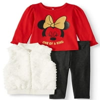 Disney Minnie Mouse Beby Girl Fur prsluk, Jersey Top i Legging, Outfit Set