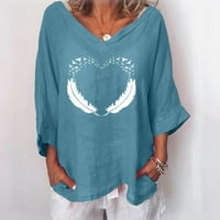 Ljetni ženski vrhovi, modna majica s izrezom u obliku slova U i tri četvrtine rukava od pamuka i lana s printom, bluza od tunike