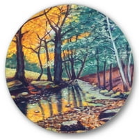 Dizajnerska umjetnost krajolik s jesenskom šumom, rijekom u zalasku sunca Tradicionalni kružni metalni zidni umjetnički disk od 29
