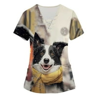 Ženske košulje, ženske majice kratkih rukava i slatki životinjski print u obliku slova u, bluza s džepovima za rad, Bež;