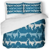 Set posteljine s plavim uzorkom mačke apstraktni obrub kolekcija crtanih filmova, pokrivač za poplun s jastučnicom za uređenje doma