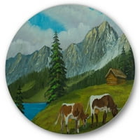 DesignArt 'krave na zelenoj livadi s planinskim krajolikom s' Farmhouse Circle Metal Art - Disc od 11