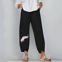 ;/ Ženske Ležerne ravne široke pamučne i lanene hlače visokog struka, crne hlače s printom;